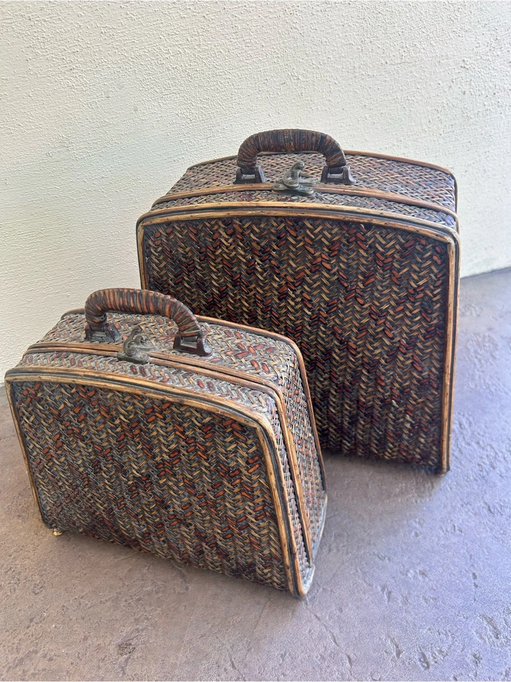 Vintage Woven Rattan Suitcase Set - 2 Pc Boho Wicker Nesting Luggage Cases